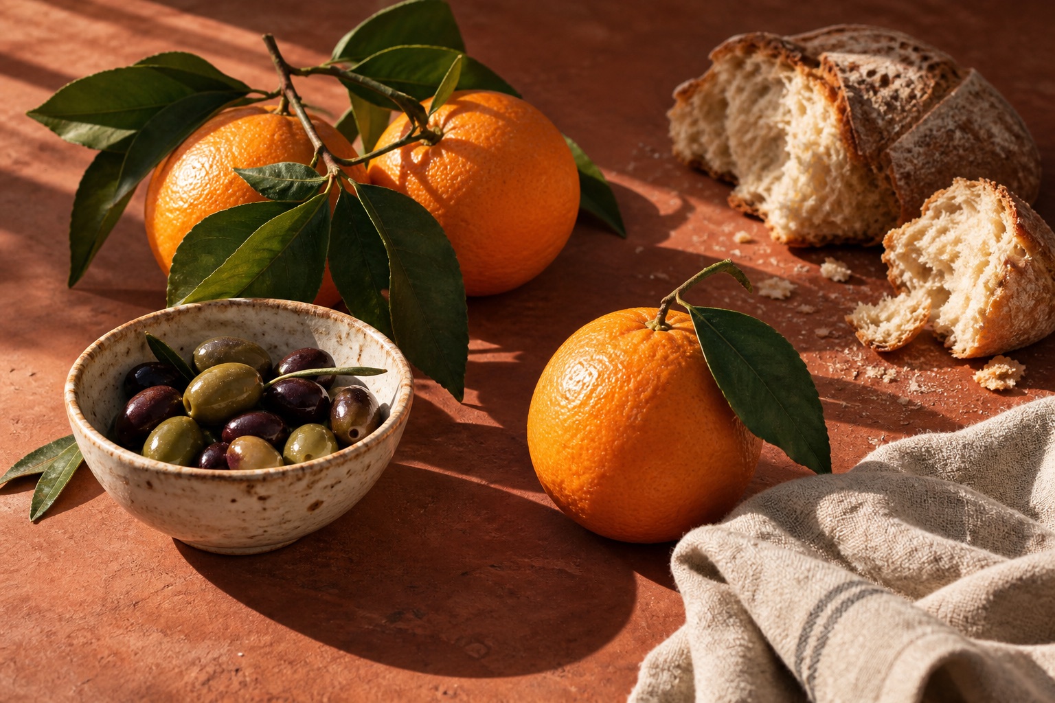 Oranges, olives and torn bread on a sunlit terracotta table.